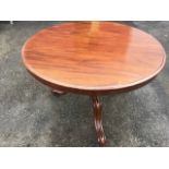 A circular Victorian mahogany breakfast table, with moulded top above a plain frieze and bulbous