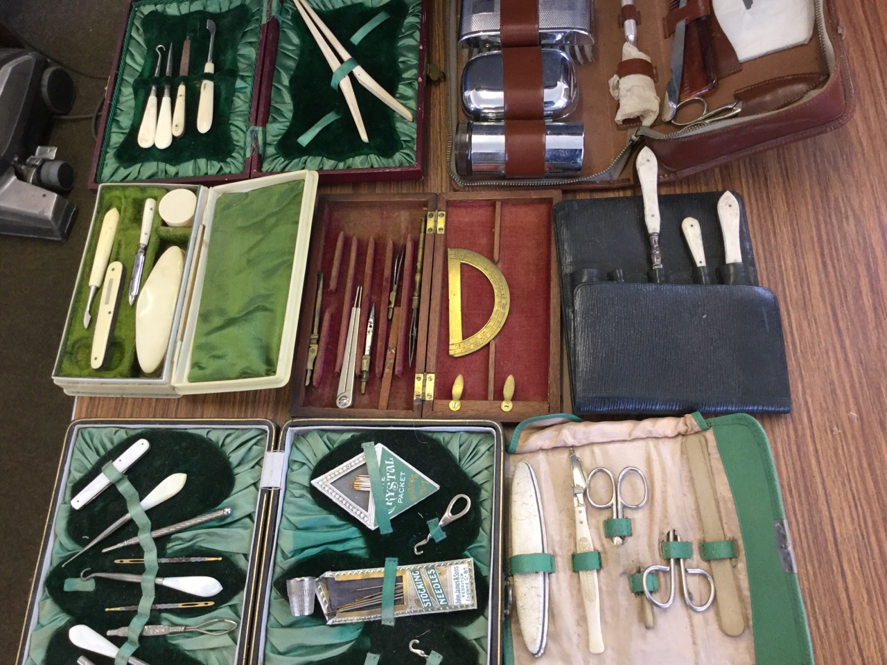 Seven cased sets of implements - sewing, manicure, geometry drawing, gents, etc., mainly incomplete. - Image 2 of 3