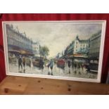 Oil on board, 60s street scene with figures, signed indistinctly, framed. (30.75in x 17in)