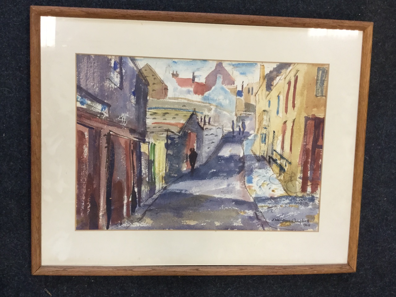 J Valentine Campbell, pen & watercolour, street scene with figures, signed and dated 1968, mounted &
