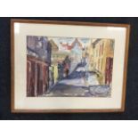 J Valentine Campbell, pen & watercolour, street scene with figures, signed and dated 1968, mounted &