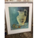 Liz McCarthy, acrylic on board, still life with jug & fruit on shelf, signed, label to verso