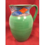An art deco style handpainted ovoid jug, the green glazed body beneath frieze of brightly coloured