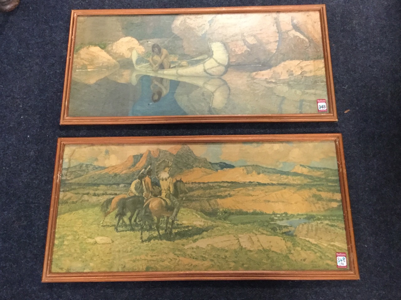 Robert Amick, C20th coloured prints, a pair, North American Indians in landscapes, signed in the