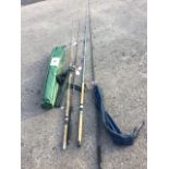 Three spinning rods - Abu, Shakespeare & fibreglass; a cased folding outdoor armchair; and a Daiwa