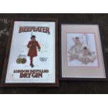 A framed reproduction pub mirror advertising Beefeater Gin; and a woolwork tapestry of ballet