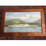 An oak framed Edwardian coloured print of RMS Pretoria Castle, the ship in full steam off the coast.