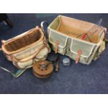 A Brady cane fishing creel with canvas & leather mounts; another canvas lined box fishing bag; and