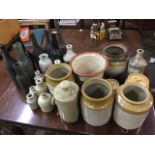 Miscellaneous stoneware and old bottles including storage jars, studio pottery, ink jars, wine
