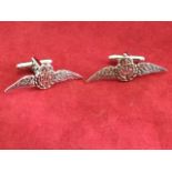A cased pair of Sterling silver Royal Air Force cufflinks, the winged emblems on pillars with hinged