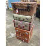 A pair of Samson faux crocodile cases; two other 60s suitcases; and a cane hamper. (5)