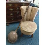 A 50s cut moquette bedroom chair with flared fluted back above a circular sprung seat, raised on