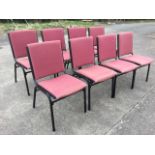 A set of eight contemporary upholstered chairs on square metal frames - stacking. (8)