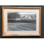 Peter Tait, pastel, coastal view with gulls, signed, label to verso titled Storm over Stronsay