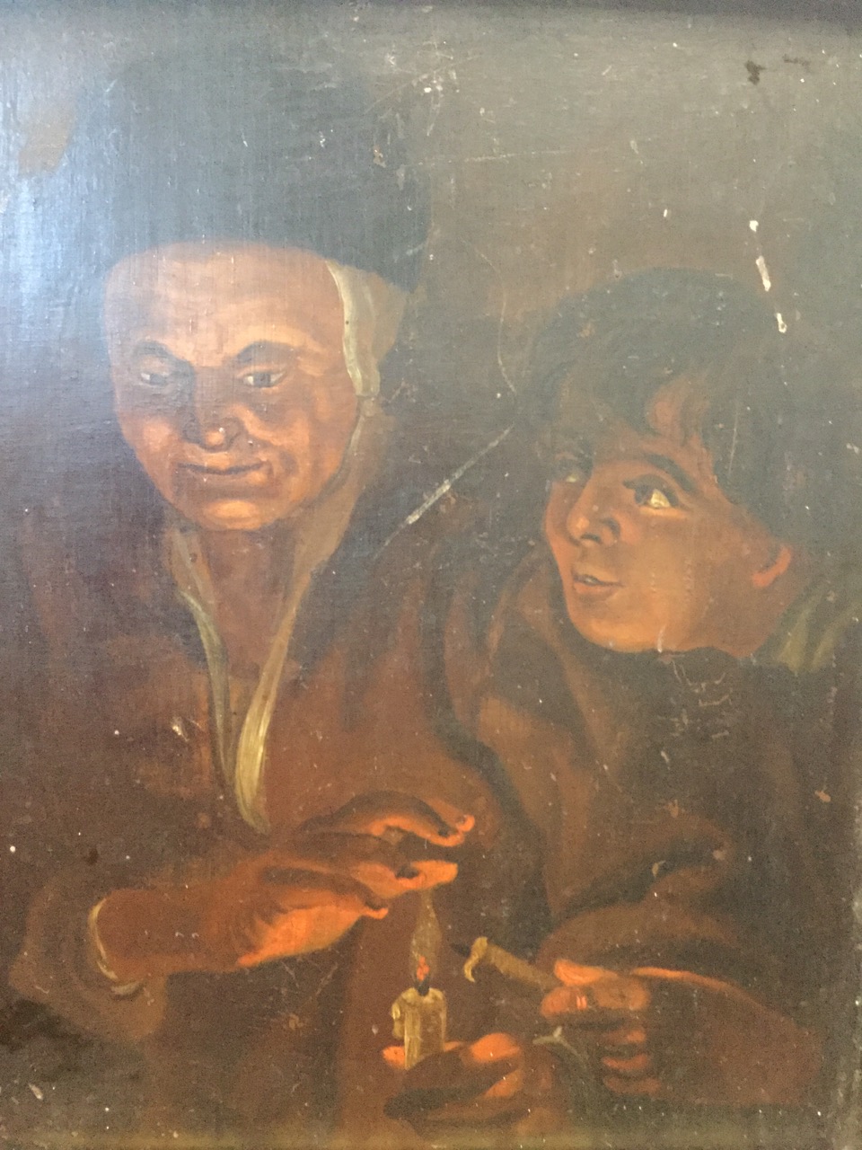 Nineteenth century oil on oak panel, dark candlelit scene with two figures, in gilt frame. (7in x - Image 2 of 3
