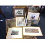 A box of 24 framed prints, some signed - landscapes, animals, some local views, gilt and hardwood