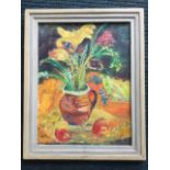 E Addinton, oil on board, still life with vase of flowers, signed & framed. (14.75in x 16.5in)