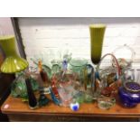 A collection of coloured glass including Murano, animals, vases, a gilded ribbed scent bottle &