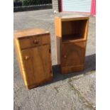 A 50s walnut bedside cabinet with drawer above a cupboard supported on a rounded plinth; and another