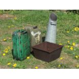 A square cast iron tub with moulded rim; two painted jerry cans; and a galvanised coal skuttle. (4)