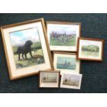 Sandy Milligan, a signed & gilt framed print of a black labrador in the field; and five other prints