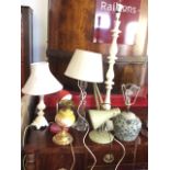Seven tablelamps - anglepoise, chinoiserie ceramic, a desk light, an art glass twisted piece, a tall