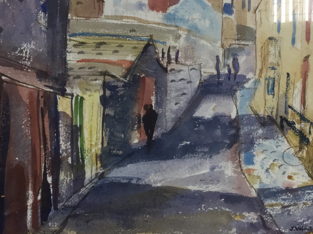 J Valentine Campbell, pen & watercolour, street scene with figures, signed and dated 1968, mounted & - Image 2 of 3