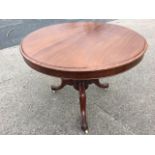 A circular Victorian mahogany breakfast table, the moulded top above a plain frieze tilting on a