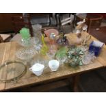 Miscellaneous glass including vases, a pair of carnival lustre bowls, a ships decanter & stopper,