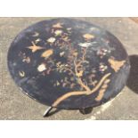 A circular Victorian Japanese lacquer tilt-top table, the top inlaid with mother-of-pearl and gilt