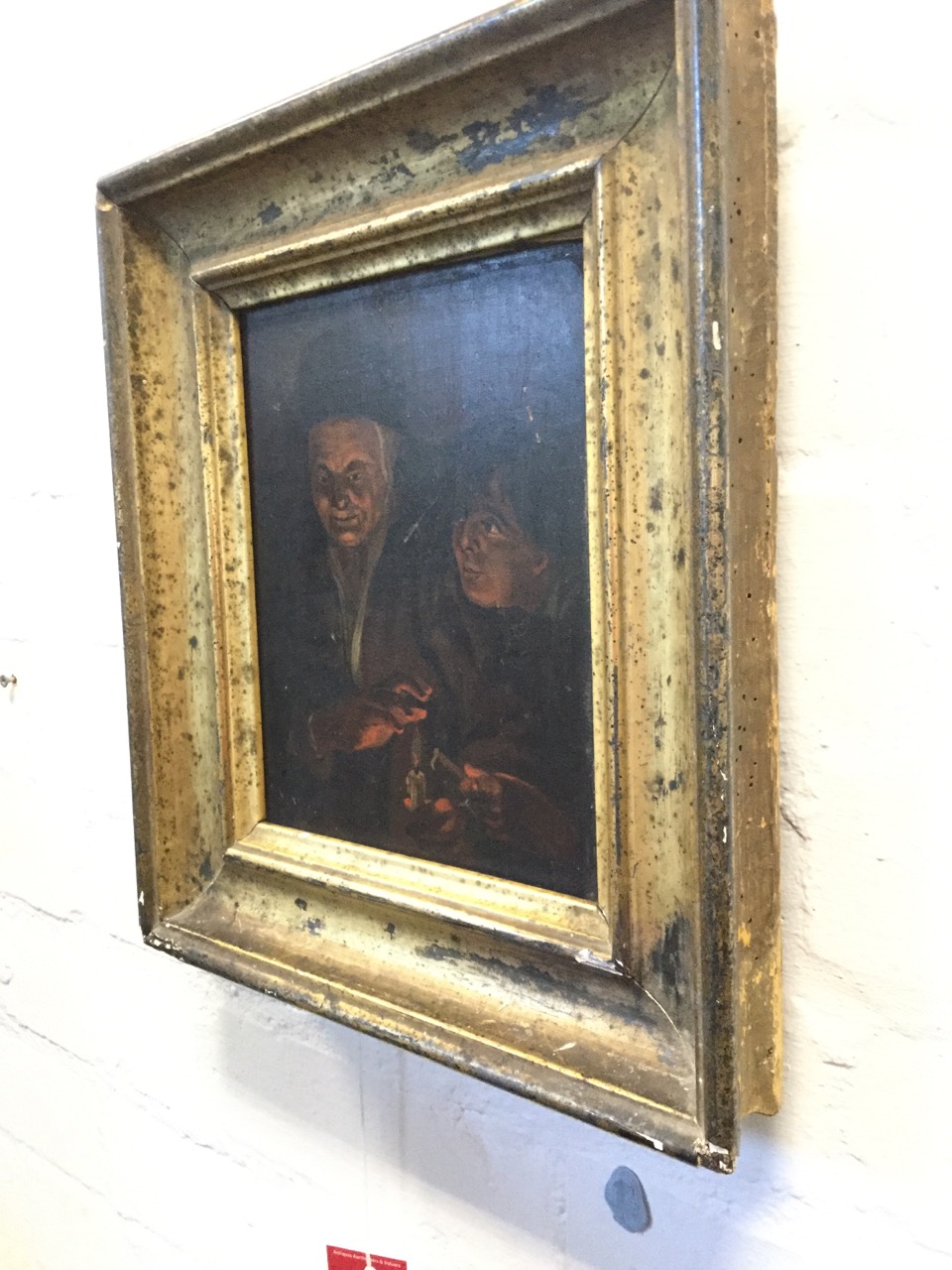 Nineteenth century oil on oak panel, dark candlelit scene with two figures, in gilt frame. (7in x - Image 3 of 3