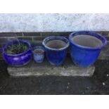 Five blue glazed miscellaneous garden pots. (5)