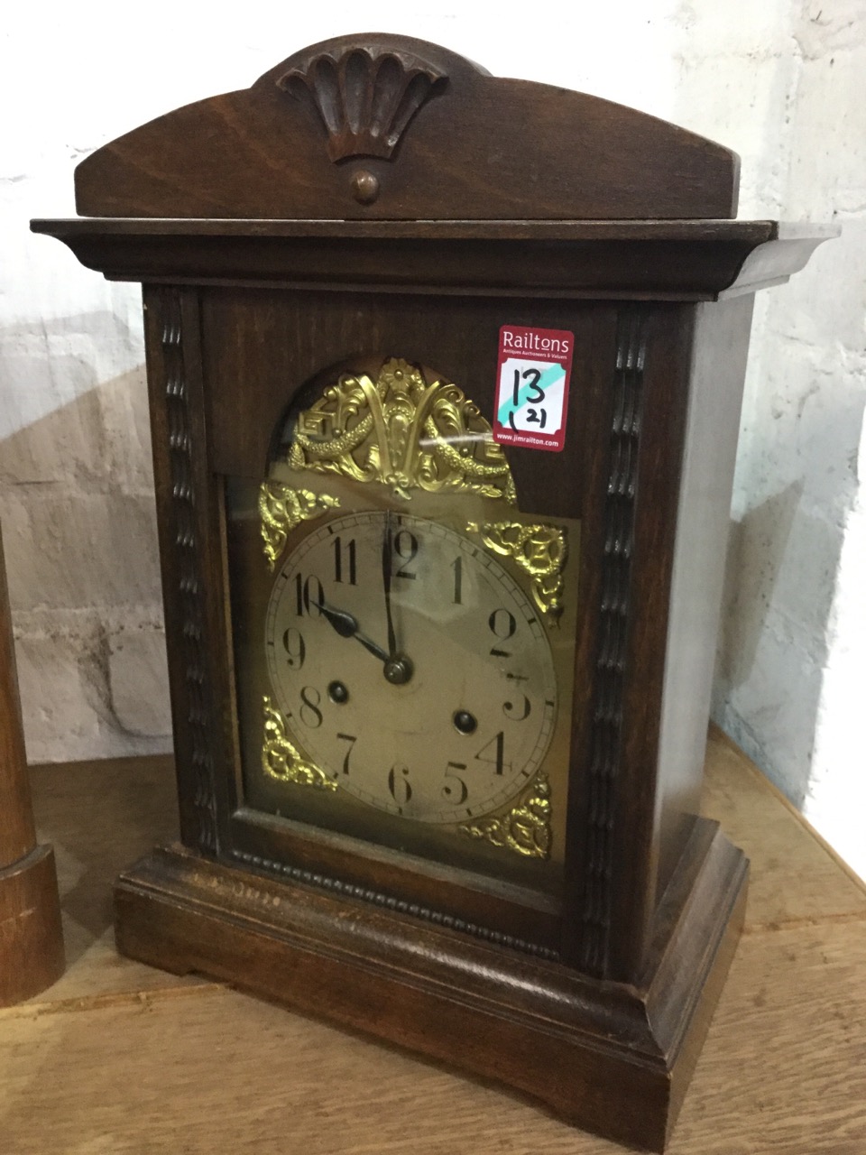 A 1923 presented oak cased mantleclock, the rounded case with bead decoration having brass dial with - Image 2 of 3