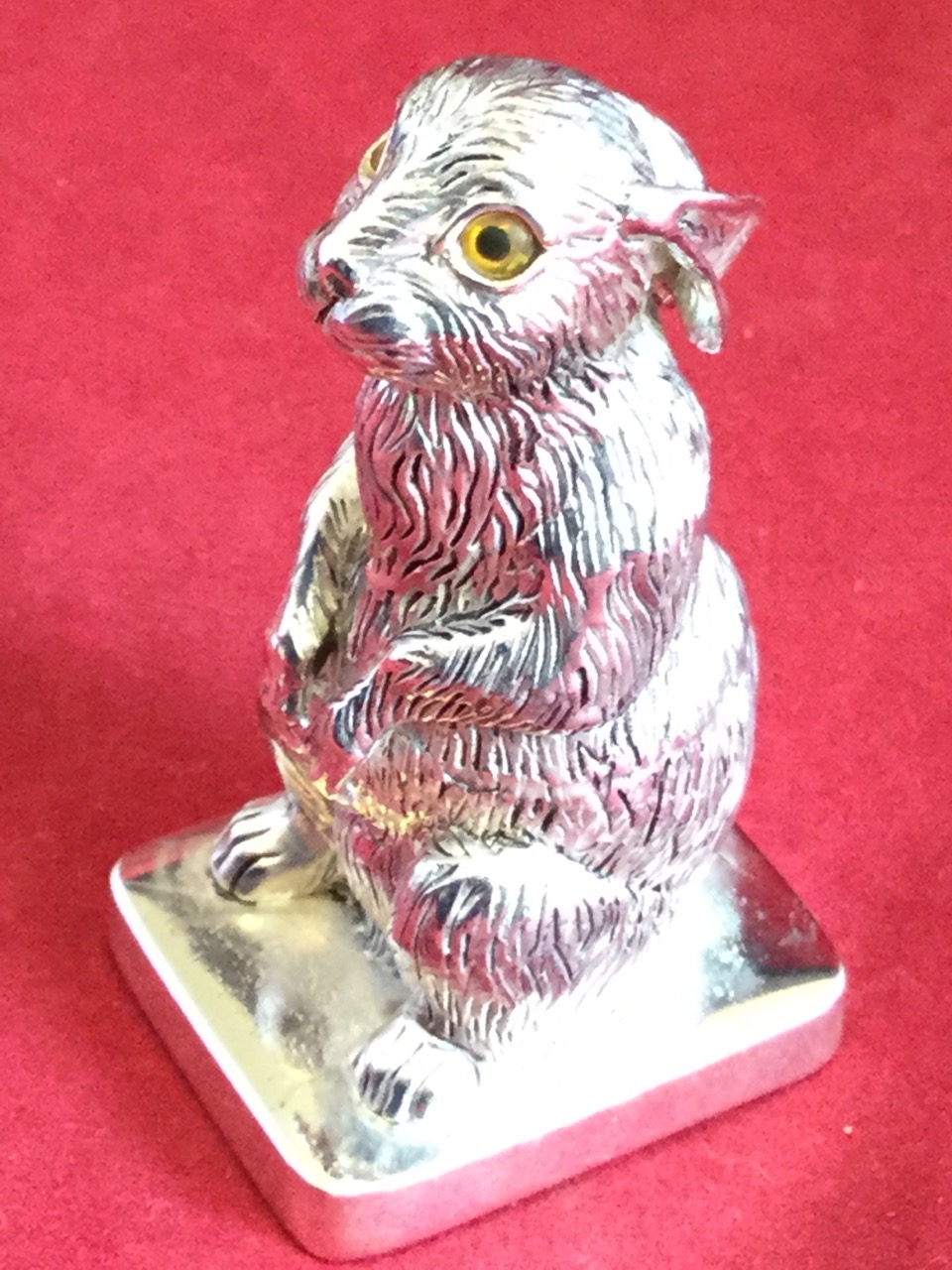 A pair of silver plated hare salt & pepper pots, the animals alertly seated on rectangular - Image 2 of 3