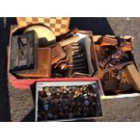 Miscellaneous treen including a tin of turned wood knobs, a box of spindles, canteen boxes,