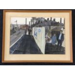 Richard Demarco, watercolour with figures, Murrayfield railway station & brewery, Society of
