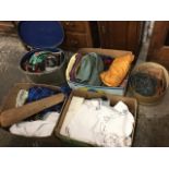 Miscellaneous textiles including two hat boxes with hats, embroidery, crochetwork, a highland