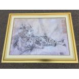 A large contemporary lithographic print of a tiger on crackle glaze ground, mounted & gilt