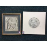A C19th pencil study of two putti holding piglet beneath classical arch, numbered in ink,