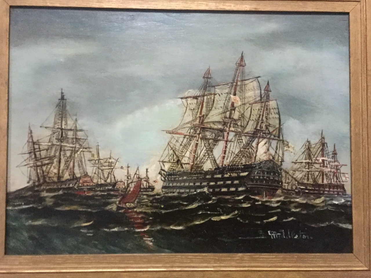 F Middleton, marine oil on boards, a pair, The Battle of Trafalgar and Saluting HMS Victory off - Image 2 of 3