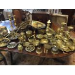 Miscellaneous brass including two pairs of Victorian brass candlesticks, trays, stands, bells,