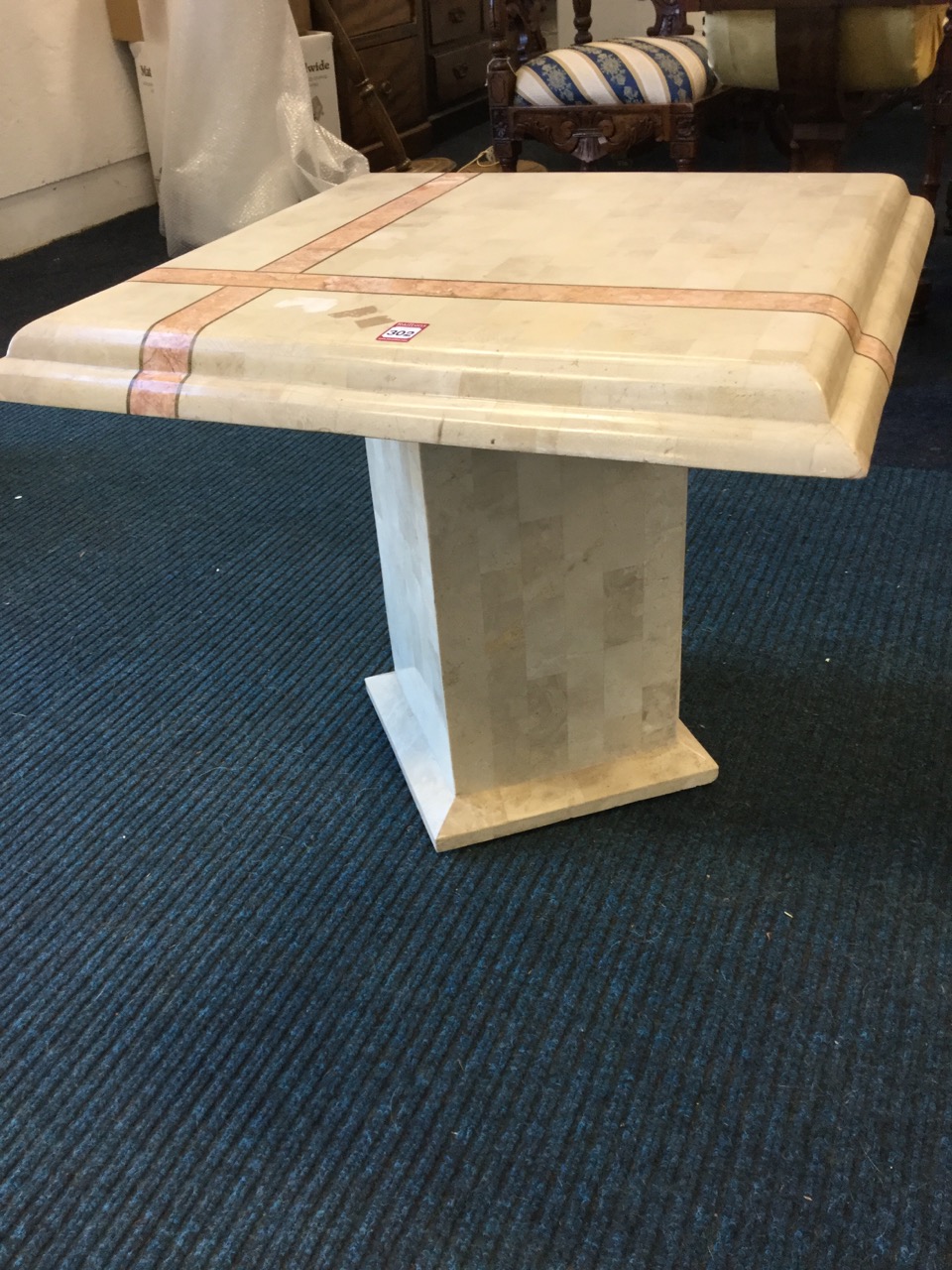 A square faux marble coffee table, the moulded top with decorative bands supported a column with - Image 3 of 3