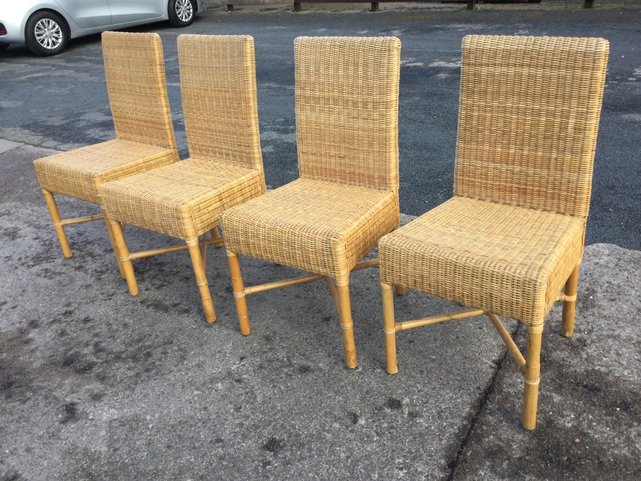 A set of four cane dining chairs with rectangular woven backs above box seats, raised on turned legs - Image 2 of 3