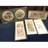 A gilt framed pair of circular Japanese landscapes painted on silk - signed; a signed pair with