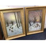 Oils on canvas, a pair, winter sunset & moonlight scenes with sheep and figures in snow in wooded