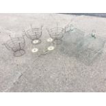 A pair of wirework hanging birdcage style enclosures, each with door to rectangular frame; and