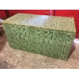 A Victorian pine blanket box with later fabric covering and brass studding, having interior with