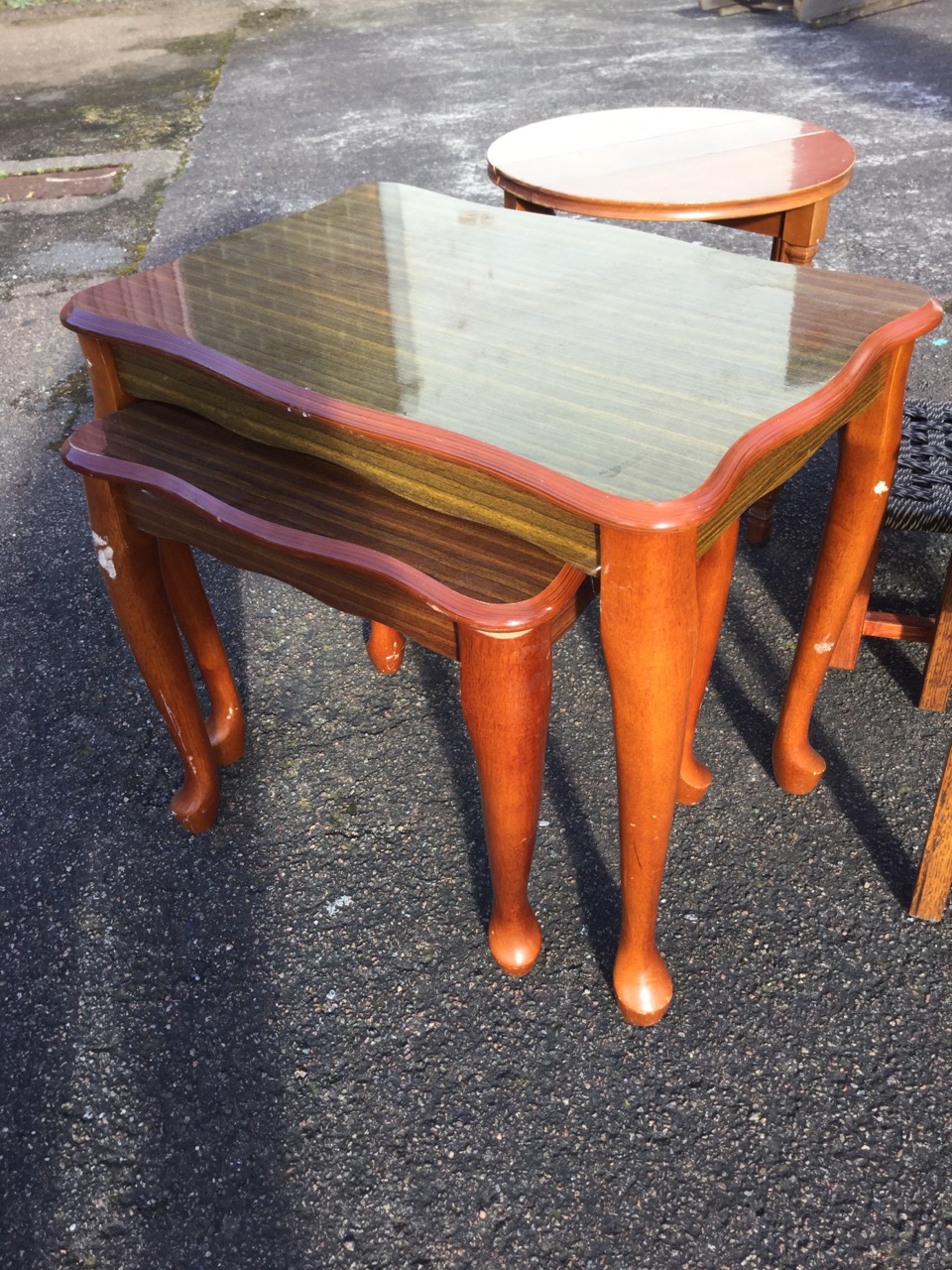 An oak box stool with hinged lid; a circular coffee table on square fluted legs joined by cross - Image 2 of 3