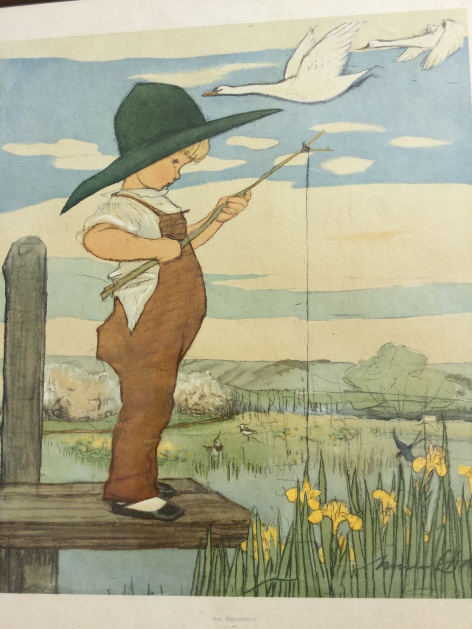 Muriel Dawson, The Fisherman, a 50s coloured print in oak frame; a framed 1970s RSPB poster; and a - Image 2 of 3