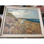 Mason, oil on board, coastal view with rocky foreground, label to verso suggesting Newbiggin/